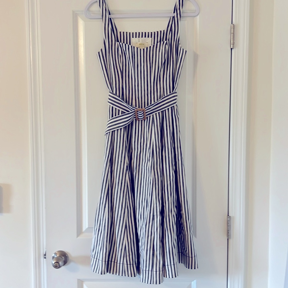 Maeve Blue/White Fowler Striped Midi dress with belt by Anthropologie - Picture 2 of 10